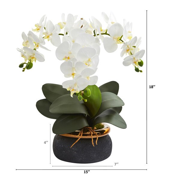 18 Phalaenopsis Orchid Artificial Arrangement in Black Vase with Bronze Rim - SKU #A1347 - 1