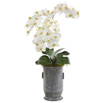 32 Phalaenopsis Orchid Artificial Arrangement in Vintage Metal Planter - SKU #A1351