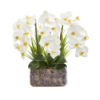 18 Triple Phalaenopsis Orchid Artificial Arrangement in Vintage Vase - SKU #A1358