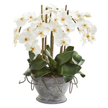 18 Phalaenopsis Orchid Artificial Arrangement in Vintage Bowl with Copper Trimming - SKU #A1361