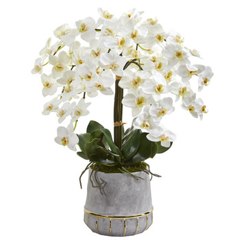 26 Phalaenopsis Orchid Artificial Arrangement in Stoneware Vase with Gold Trimming - SKU #A1364