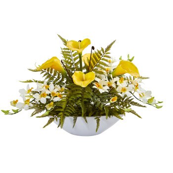 24 Calla Lilly Dendrobium Orchid and Fern Artificial Arrangement in White Vase - SKU #A1372
