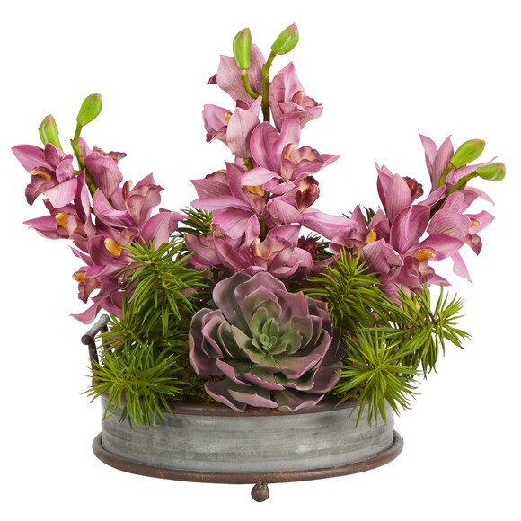 18 Cymbidium Orchid and Echeveria Succulent Artificial Arrangement in Metal Tray with Copper Trimming - SKU #A1395