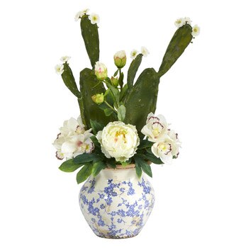 29 Cymbidium Orchid Peony and Cactus Succulent Artificial Arrangement in Vintage Floral Vase - SKU #A1396