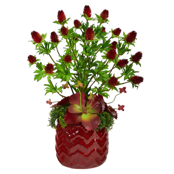 23 Thistle and Succulent Artificial Arrangement in Red Vase - SKU #A1399