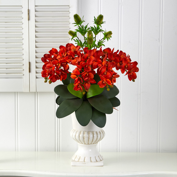 27 Phalaenopsis Orchid and Thistle Artificial Arrangement in White Urn - SKU #A1400 - 2