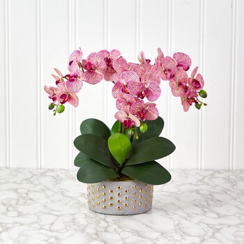 17 Phalaenopsis Orchid Artificial Arrangement in Bowl with Gold Trimming - SKU #A1402-PC