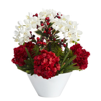 18 Phalaenopsis Orchid Hydrangea Cactus and Holly Berry Artificial Arrangement in Vase - SKU #A1407