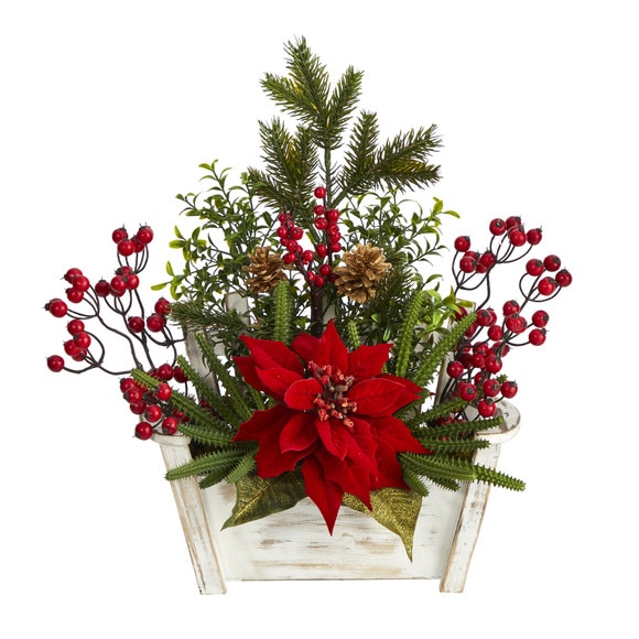 18 Poinsettia Succulent and Berry Artificial Arrangement in Bench Planter - SKU #A1410