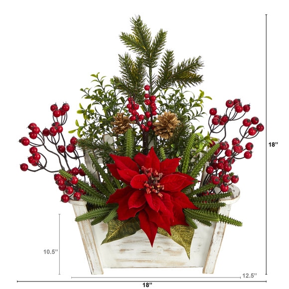 18 Poinsettia Succulent and Berry Artificial Arrangement in Bench Planter - SKU #A1410 - 1