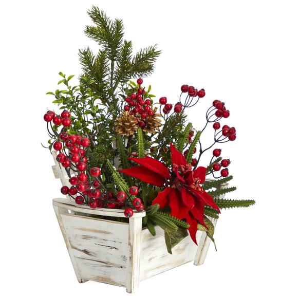 18 Poinsettia Succulent and Berry Artificial Arrangement in Bench Planter - SKU #A1410 - 2