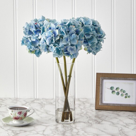 18 Hydrangea Artificial Arrangement in Glass Vase - SKU #A1427-DKBL