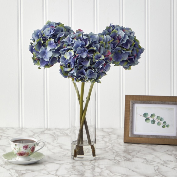 18 Hydrangea Artificial Arrangement in Glass Vase - SKU #A1427-DKBL - 1