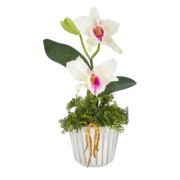 13 Mini Orchid Cattleya Artificial Arrangement in White Vase with Silver Trimming - SKU #A1430