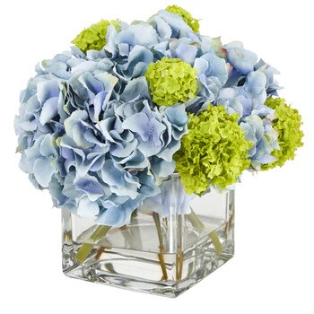 10 Hydrangea Artificial Arrangement in Glass Vase - SKU #A1434