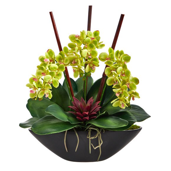 21 Phalaenopsis Orchid and Succulent Artificial Arrangement in Black Vase - SKU #A1442