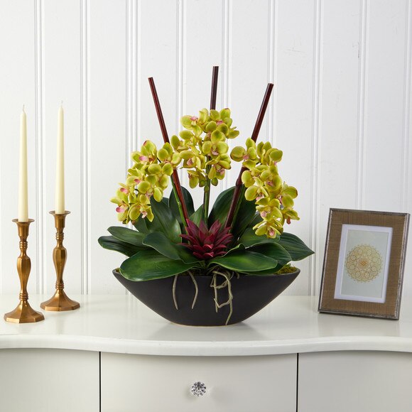 21 Phalaenopsis Orchid and Succulent Artificial Arrangement in Black Vase - SKU #A1442 - 2
