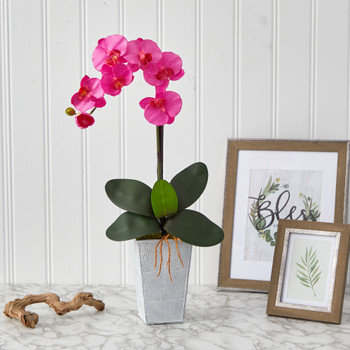 27 Phalaenopsis Orchid Artificial Arrangement in Embossed White Planter - SKU #A1455-DP