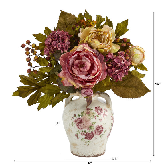 16 Peony Artificial Arrangement in Flower Print Jar - SKU #A1463 - 1