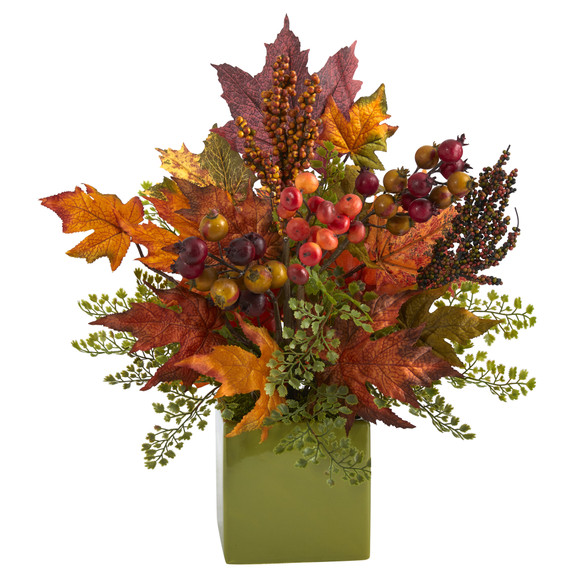 17 Maple Leaf Berries and Maiden Hair Artificial Arrangement in Green Vase - SKU #A1466