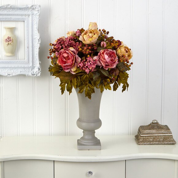 28 Peony Artificial Arrangement in Sand Colored Urn - SKU #A1469 - 2