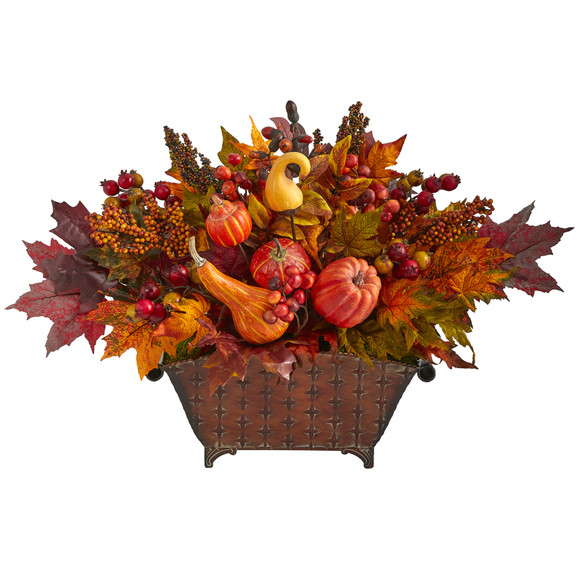 27 Pumpkin Maple Leaf and Berries Artificial Arrangement in Metal Vase - SKU #A1470