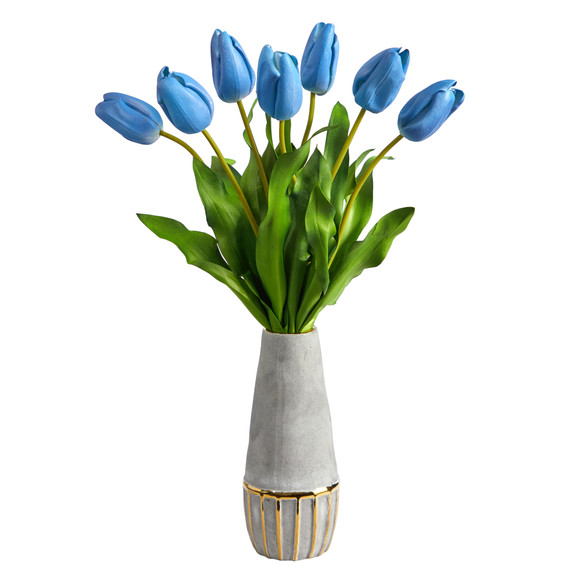 22 Dutch Tulip Artificial Arrangement in Stoneware Vase with Gold Trimming - SKU #A1479 - 16