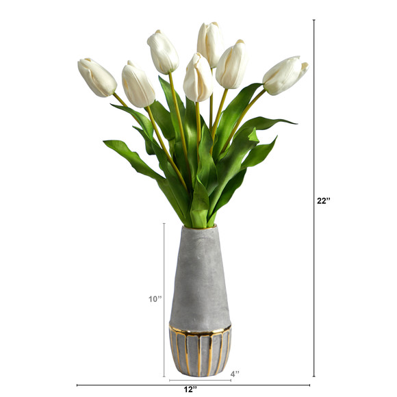 22 Dutch Tulip Artificial Arrangement in Stoneware Vase with Gold Trimming - SKU #A1479 - 5