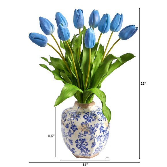 22 Dutch Tulip Artificial Arrangement in Blue and White Print Planter - SKU #A1480-LB - 1