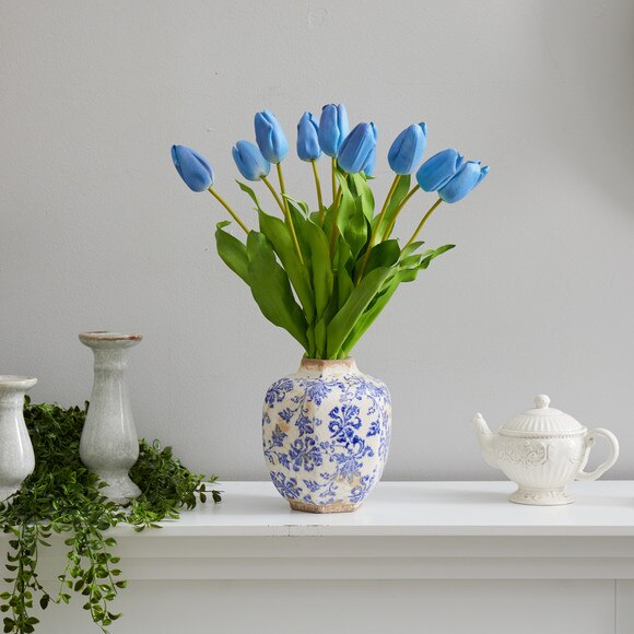 22 Dutch Tulip Artificial Arrangement in Blue and White Print Planter - SKU #A1480-LB - 2