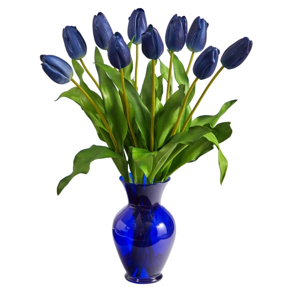 22 Dutch Tulip Artificial Arrangement in Blue Colored Vase - SKU #A1482 - 4