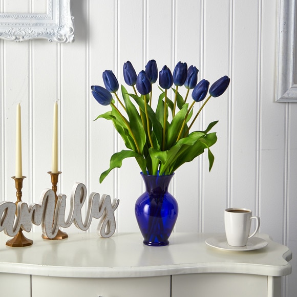 22 Dutch Tulip Artificial Arrangement in Blue Colored Vase - SKU #A1482 - 6