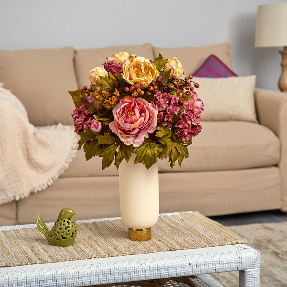 22 Peony Artificial Arrangement in Cream Vase with Gold Base - SKU #A1610 - 2