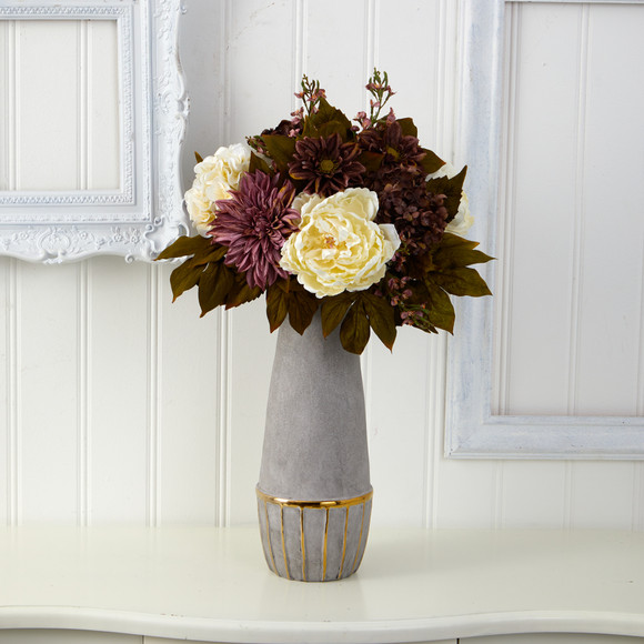 24 Peony Hydrangea and Dahlia Artificial Arrangement in Stoneware Vase with Gold Trimming - SKU #A1611 - 2