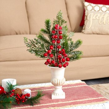 19 Iced Pine and Berries Artificial Arrangement in White Urn - SKU #A1614