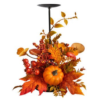 12 Fall Maple Leaves Berries and Pumpkin Autumn Harvest Candle Holder - SKU #A1783