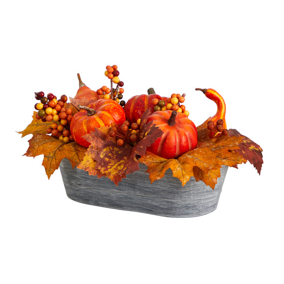 12 Fall Pumpkin and Berries Autumn Harvest Artificial Arrangement in Washed Vase - SKU #A1788 - 2