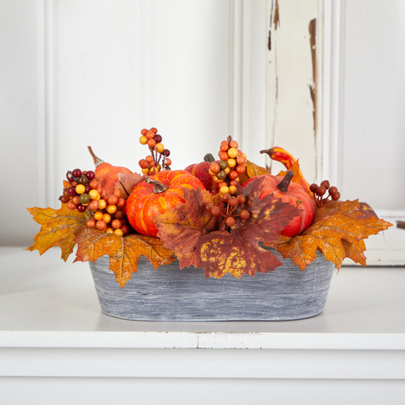 12 Fall Pumpkin and Berries Autumn Harvest Artificial Arrangement in Washed Vase - SKU #A1788 - 3