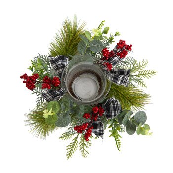 10 Evergreen Pine and Red Berries Artificial Christmas Candelabrum with Decorative Bows - SKU #A1840