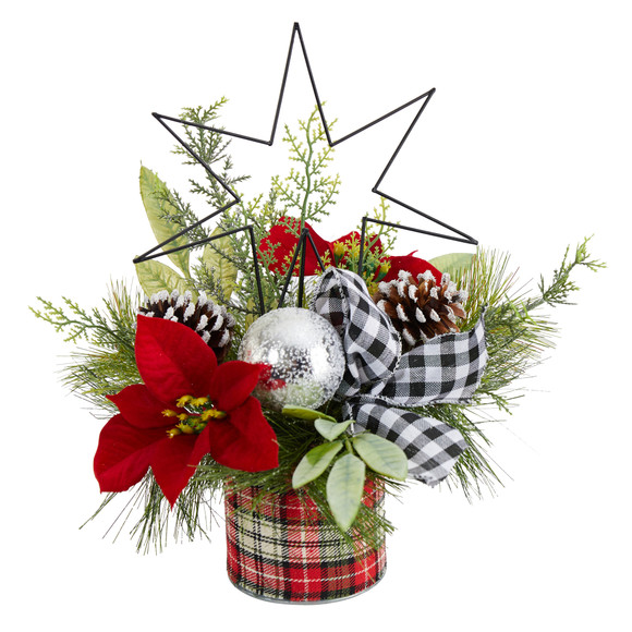 17 Holiday Winter Poinsettia Greenery and Pinecones with North Star Plaid Table Arrangement - SKU #A1849
