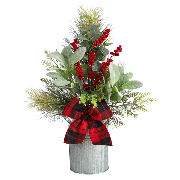 20 Holiday Winter Greenery Pinecone and Berries with Buffalo Plaid Bow Christmas Arrangement - SKU #A1854