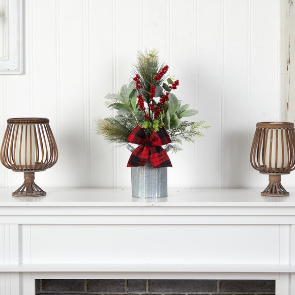 20 Holiday Winter Greenery Pinecone and Berries with Buffalo Plaid Bow Christmas Arrangement - SKU #A1854 - 2