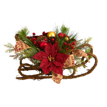 18 Christmas Sleigh with Poinsettia Berries and Pinecone Artificial Arrangement with Ornaments - SKU #A1859