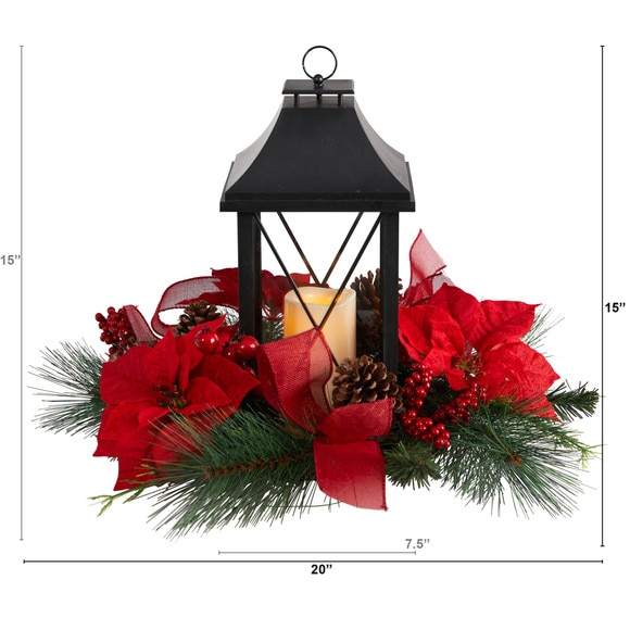 15 Holiday Poinsettia Pinecone and Greenery with Lantern and LED Candle Table Arrangement - SKU #A1862 - 1