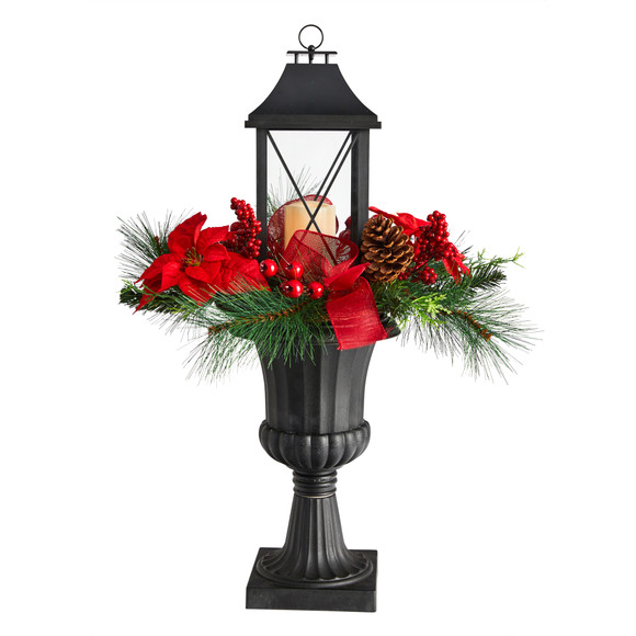 33 Holiday Berries and Poinsettia with Large Lantern and Included LED Candle - SKU #A1864