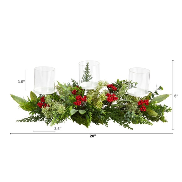 20 Holiday Winter Greenery and Berries Triple Candle Holder Artificial Christmas Table Arrangement - SKU #A1866 - 1