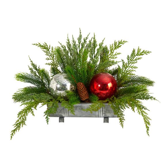 18 Holiday Winter Cedar Pine Artificial Table Christmas Arrangement with Ornaments Home Dcor - SKU #A1867