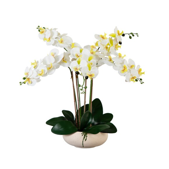 23 Artificial Phalaenopsis Orchid Arrangement in White Ceramic Planter Real Touch - SKU #A2156