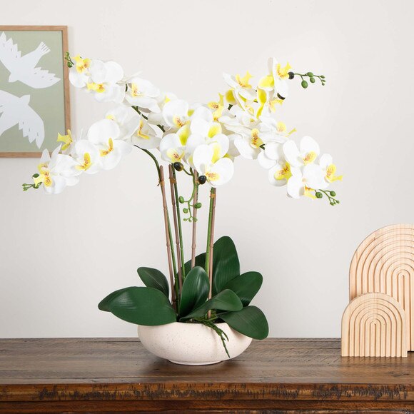 23 Artificial Phalaenopsis Orchid Arrangement in White Ceramic Planter Real Touch - SKU #A2156 - 4