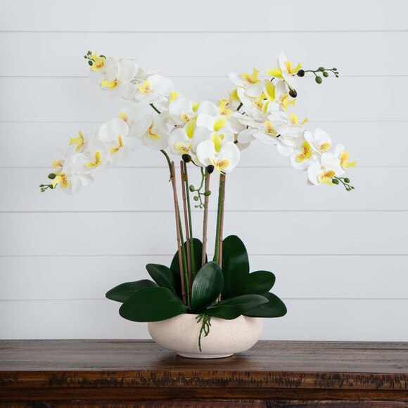 23 Artificial Phalaenopsis Orchid Arrangement in White Ceramic Planter Real Touch - SKU #A2156 - 7